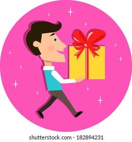 Young man character carrying present gift box for birthday celebration event vector illustration