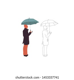 Young man character in casual outfit standing with umbrella. Isolated on white. Flat style colorful and monochrome cartoon stock vector illustration.
