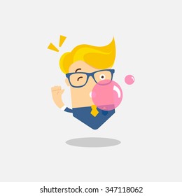 Young Man Character Chewing Pink Bubble Gum