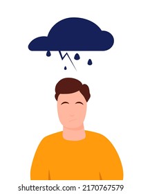 Carácter joven con lluvia en la nube, pensamiento negativo deprimido, pesimismo con ánimo alterado, concepto de persona infeliz. Ilustración aislada vectorial plana. Emoción negativa.