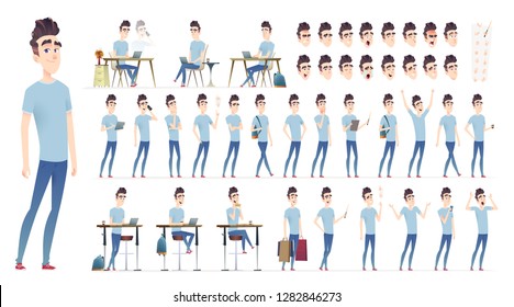 Young man character collection. Set of different poses and situation. Modern flat cartoon style