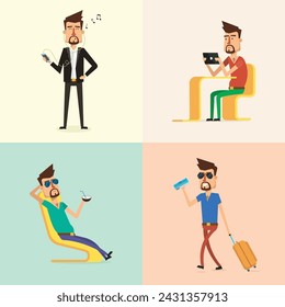 Young man character collection. Set of different poses and situation. Modern flat cartoon style