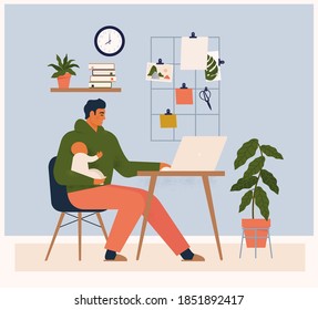 Young man character combining work and baby care at the same time. Modern parenthood. Flat editable vector illustration.