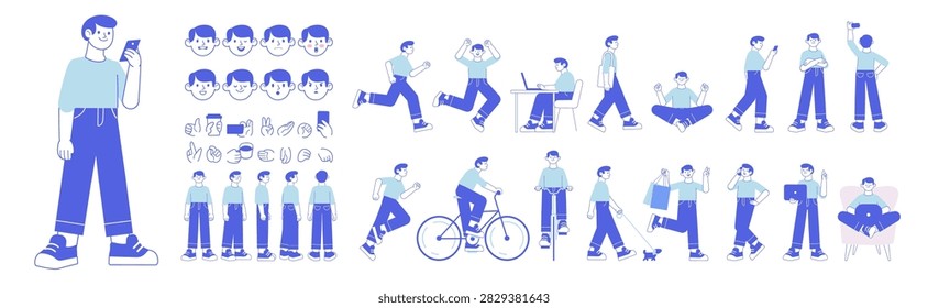 Young man character constructor for animation, featuring a complete set of body parts, facial emotions, and hand gestures