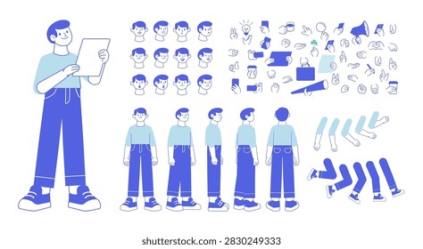 Young man character constructor for animation, featuring a complete set of body parts, facial emotions and hand gestures. Cartoon vector character constructor kit isolated on white.