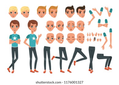 Young man character constructor with body parts legs, arms, hand gestures. Angry, dissatisfied, surprised and calm face expression. Full length boy. Stylish hairstyles. Flat vector