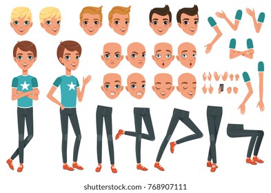 Young man character constructor with body parts legs, arms, hand gestures. Angry, dissatisfied, surprised and calm face expression. Full length boy. Stylish hairstyles. Flat vector