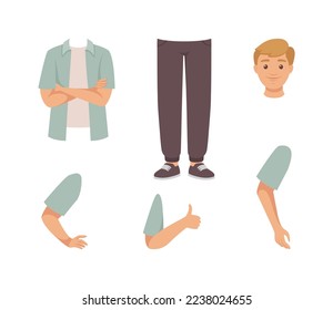 Young man character constructor. Head, torso, legs, arms. Body parts for full length boy creation cartoon vector illustration