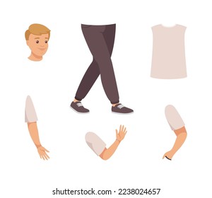 Constructor de caracteres de hombre joven. Partes del cuerpo humano para la creación de un niño de larga duración. Cabeza, torso, piernas, brazos, ilustración del vector de manos