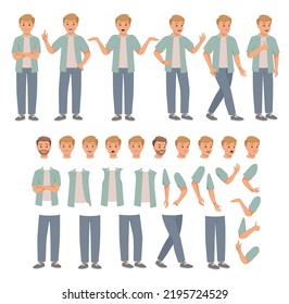 Young Man Character Constructor with Separated Body Parts and Face with Different Emotion Vector Set