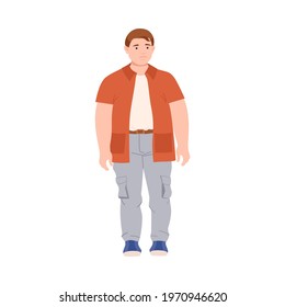 Young Man Character with Corpulent Body in Standing Pose Full Length Vector Illustration
