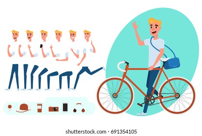 Young man character creation set for animation. Young man with bicycle. Parts body template. Different emotions, poses and  running, walking, standing, sitting. Cartoon Vector Illustration.