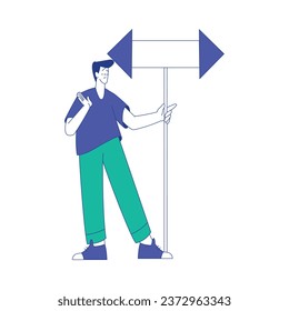 Personaje de hombre joven en la encrucijada de la ilustración vectorial de punta y pensamiento
