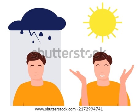 Young man character, depressed upset and happy mood, mental health concept, vector isolated flat illustration, optimist and pessimist, positive and negative emotion thinking. Person portrait set.