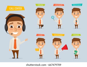 Young man character in different pose. Business man cartoon set of illustration vector design. Business people in job.