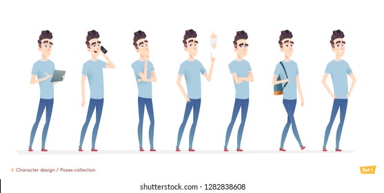 Young man character in different poses and situation. Modern flat cartoon style