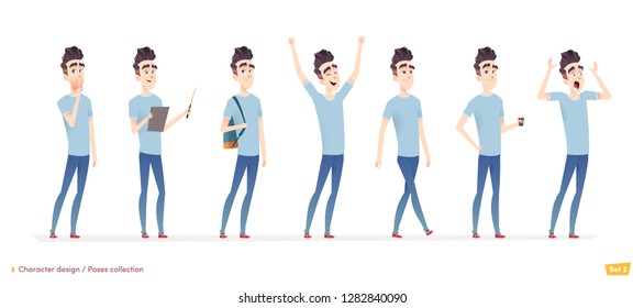 Young man character in different poses and situation. Modern flat cartoon style