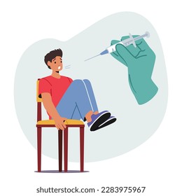 Young Man Character Displaying Fear And Apprehension At The Sight Of An Injection. Concept Of Phobias, Fear Of Medical Procedures, Or Anxiety In Medical Settings. Cartoon People Vector Illustration