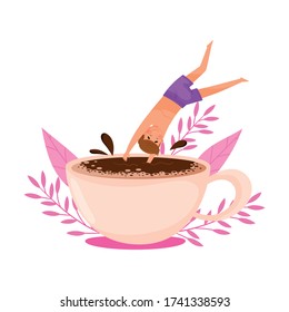 Young Man Character Diving in Rige Coffee Cup mit Blumenhintergrund Vector Illustration