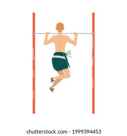 Young Man Character Doing Chin Up or Pull Ups as Sport and Physical Exercise Training Body and Muscle Vector Illustration