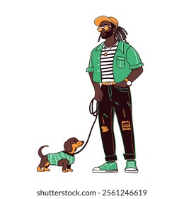 Young man character with dreadlocks wearing trendy modern outfit including cap, jeans, shirt, sunglasses and sneakers walking with a dachshund dog on a leash. 