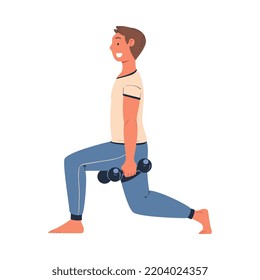 Young Man Character with Dumbbell Doing Lunge as Sport at Home Vector Illustration