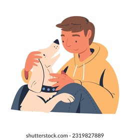 Young Man Character Embracing His Favorite Dog Pet Vector Illustration