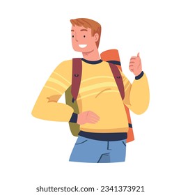 Young Man Character Engaged in Local Tourism Wearing Backpack and Hiking Showing Thumb Up Vector Illustration
