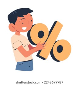 Young Man Character Enjoying Discount Holding Percentage Sign Vector Illustration