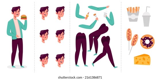 Young man character and fastfood creation set, body parts with face with emotion, arm with hand, leg stand or sit and walk, beverage, hotdog, Cheese and Donut in cartoon style, vector illustration