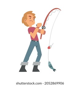 Young Man Character in Fisherman Boots with Angling Rod Fishing Vector Illustration