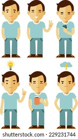 Young man character flat set in different poses