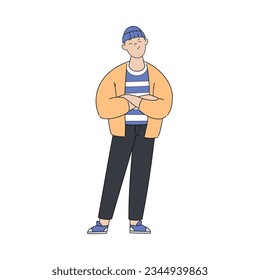 Personaje de hombre joven con brazos plegados en pie y pensamiento que muestra la ilustración del vector de gesto