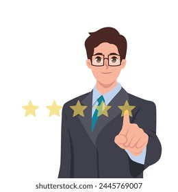Personaje joven dando cinco estrellas. Ilustración vectorial plana aislada sobre fondo blanco
