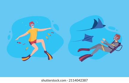 Young Man Character in Goggles and Flippers Sea Diving and Floating Underwater Vector Set