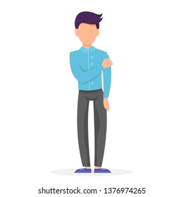 Young man character. Handsome adult guy in fashion clothes. Blue shirt and black pants. Isolated vector illustration in cartoon style