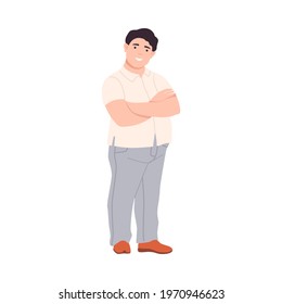 Young Man Character Having Corpulent Body Standing with His Arms Folded Full Length Vector Illustration