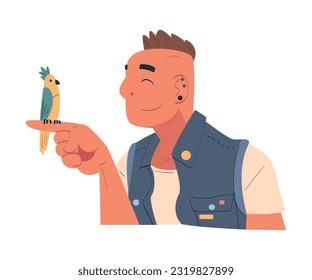 Young Man Character with Hawk Hairdo Having His Favorite Parrot Pet Sitting on His Finger Vector Illustration