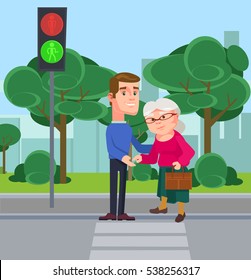 Young Man Character Help Old Woman Cross The Street. Vector Flat Cartoon Illustration