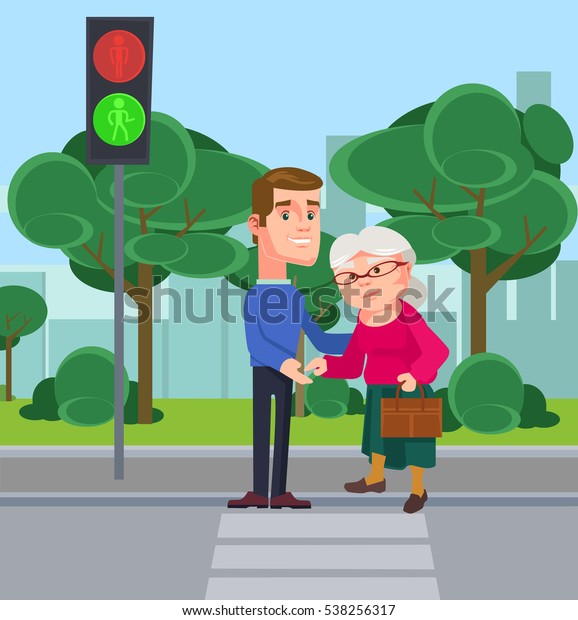 Young Man Character Help Old Woman Stock Vector (Royalty Free) 538256317