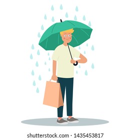 Young man character hold umbrella under rain. Vector illustration on white background in cartoon style