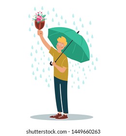 Young man character hold umbrella and bouquet of flowers under rain. Vector illustration on white background in cartoon style