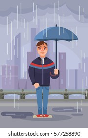 Young man character hold umbrella under rain. Vector flat cartoon illustration