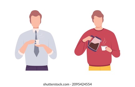 Young Man Character Holding Cup with Hot Coffee Drink Vector Set
