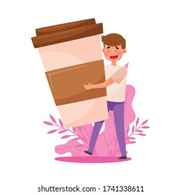 Young Man Character Holding Huge Coffee Cup with Floral Backdrop Vector Illustration