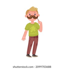 Young Man Character Holding Pole with Moustache as Party Birthday Photo Booth Prop Vector Illustration