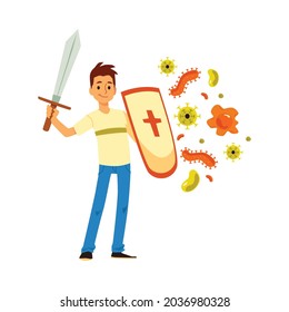 Young man character holding shield and sword and reflecting attacks of viruses and infections, cartoon vector illustration isolated on white background.