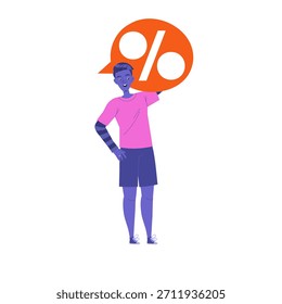 Personaje de hombre joven que sostiene la burbuja del discurso con la Ilustración vectorial del signo del porcentaje