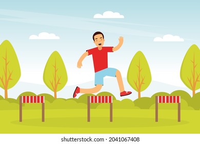 Young Man Character Hurdling in the Park Doing Sport and Physical Exercise Vector Illustration