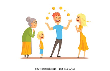 Young Man Character Juggling with Orange Balls Vector Illustration